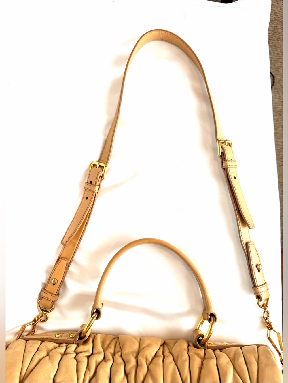 Miu Miu Matelasse Nappa Lamb Leather Bag Nude Tan Top-Handle + Crossbody + COA - Picture 9 of 16